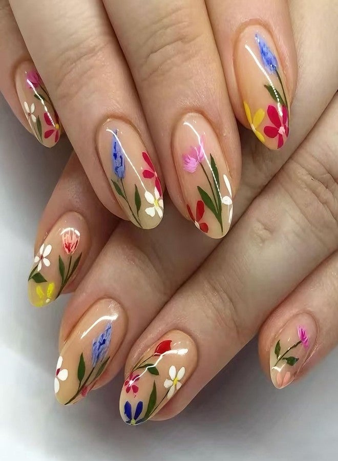 SEMATA Nude Press on Nails Almond Medium Full Cover Spring Summer Acrylic False Fake Nails Press ons Flower with Shiny Colorful Floral Design Fake Nail 24Pcs Reusable Stick on Nail for Women - Image 1
